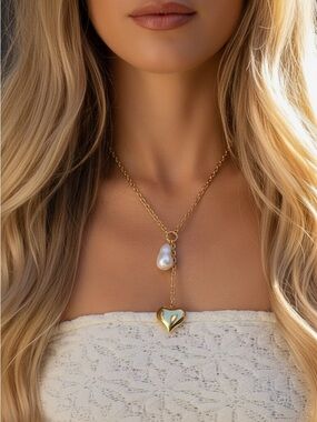 18k Gold Plated Romantic 3D Bubble Heart & Freshwater Pearl Y Necklace. New.